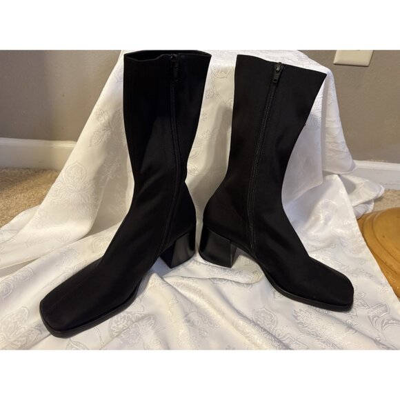 JEFFREY CAMPBELL 7 Black Block Heel Boot Bootie Stretch Mid Calf NEW - Picture 7 of 16